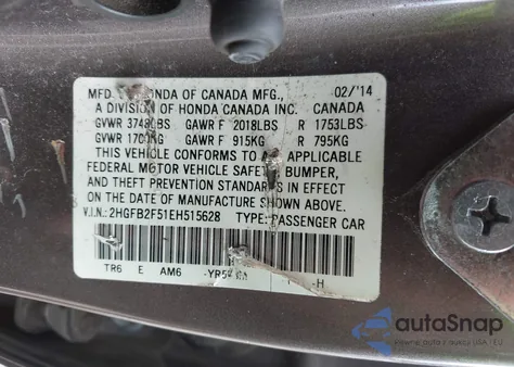 2014 Honda Civic Lx из США, поврежденный, VIN 2HGFB2F51EH515628